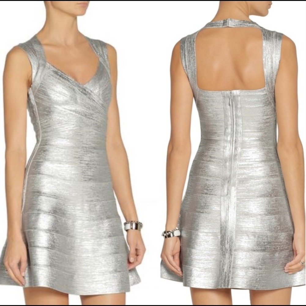 Herve Leger Breton Woodgrain Foil-Print Dress XXS